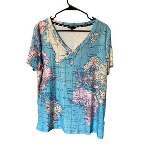 Shall We Women's Light Blue Geographic Map Top